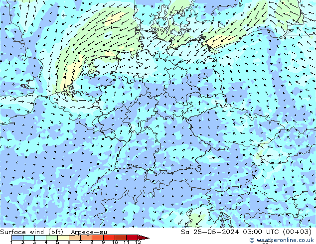 wiatr 10 m (bft) Arpege-eu so. 25.05.2024 03 UTC