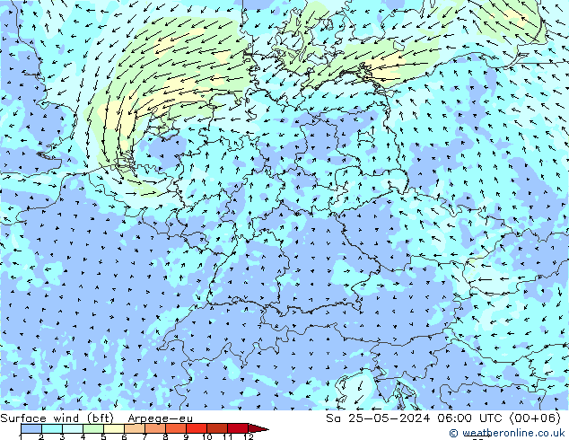 Surface wind (bft) Arpege-eu Sa 25.05.2024 06 UTC