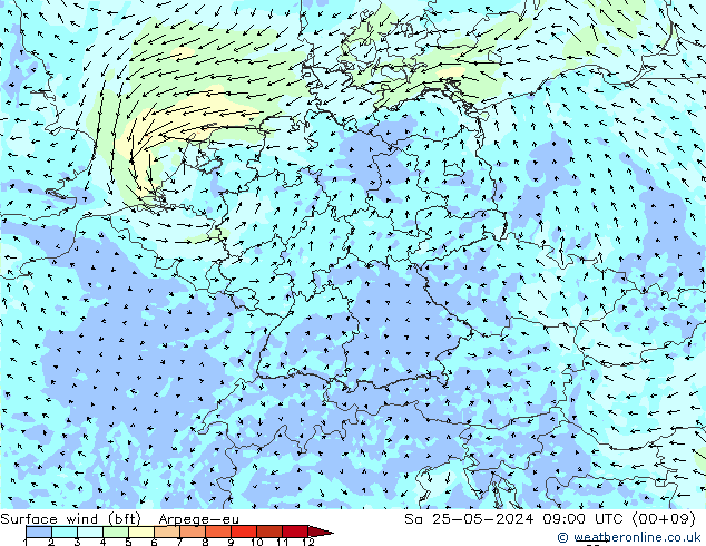 Surface wind (bft) Arpege-eu Sa 25.05.2024 09 UTC