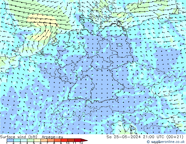 Bodenwind (bft) Arpege-eu Sa 25.05.2024 21 UTC