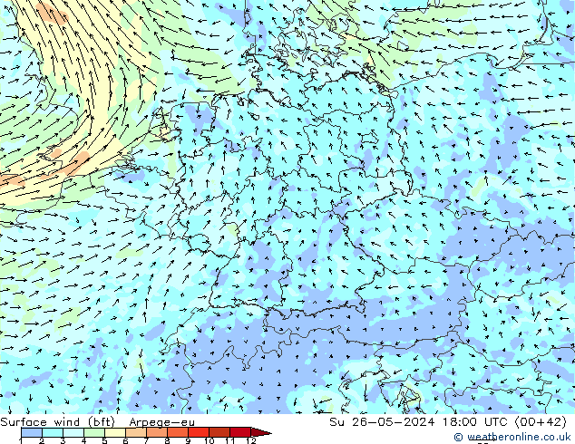 Surface wind (bft) Arpege-eu Ne 26.05.2024 18 UTC