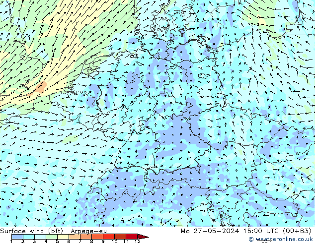 Viento 10 m (bft) Arpege-eu lun 27.05.2024 15 UTC