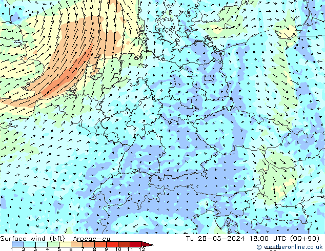 Surface wind (bft) Arpege-eu Tu 28.05.2024 18 UTC