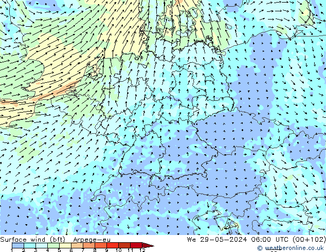 Surface wind (bft) Arpege-eu We 29.05.2024 06 UTC