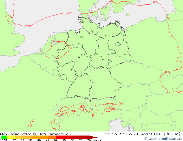 Max. wind velocity Arpege-eu Sáb 25.05.2024 03 UTC