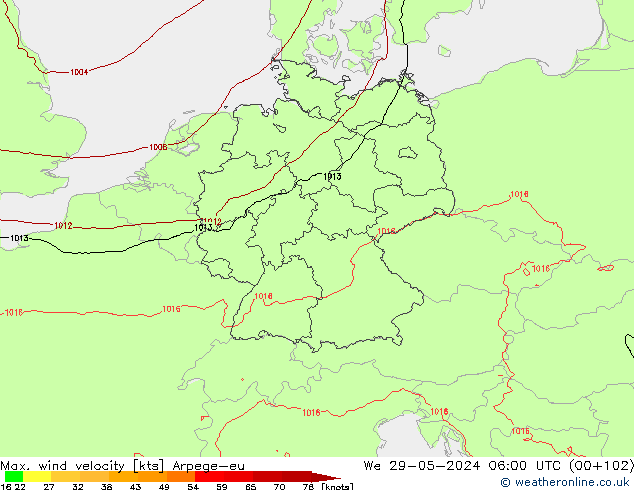 Max. wind snelheid Arpege-eu wo 29.05.2024 06 UTC