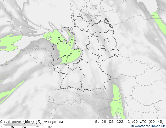 Cloud cover (high) Arpege-eu Su 26.05.2024 21 UTC