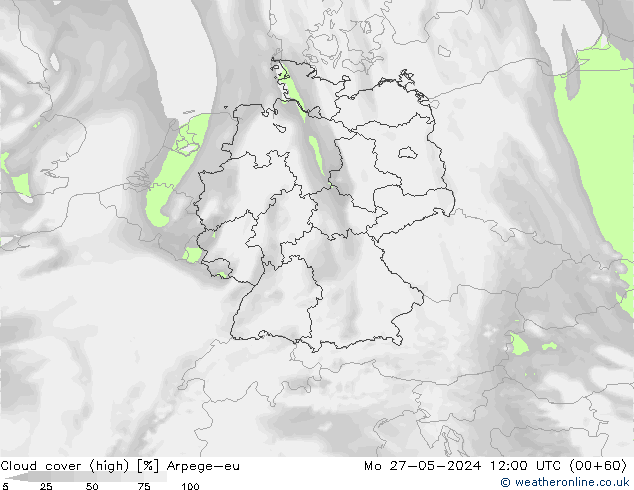 Cloud cover (high) Arpege-eu Mo 27.05.2024 12 UTC