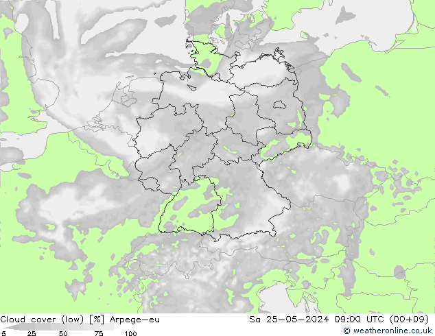 Cloud cover (low) Arpege-eu Sa 25.05.2024 09 UTC