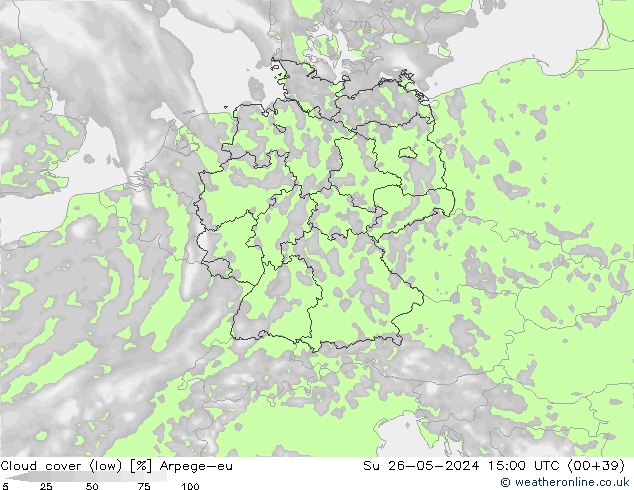 Cloud cover (low) Arpege-eu Su 26.05.2024 15 UTC