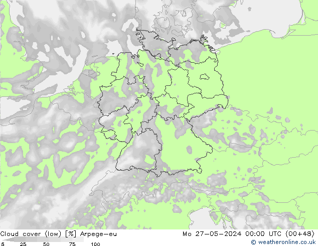 Cloud cover (low) Arpege-eu Mo 27.05.2024 00 UTC