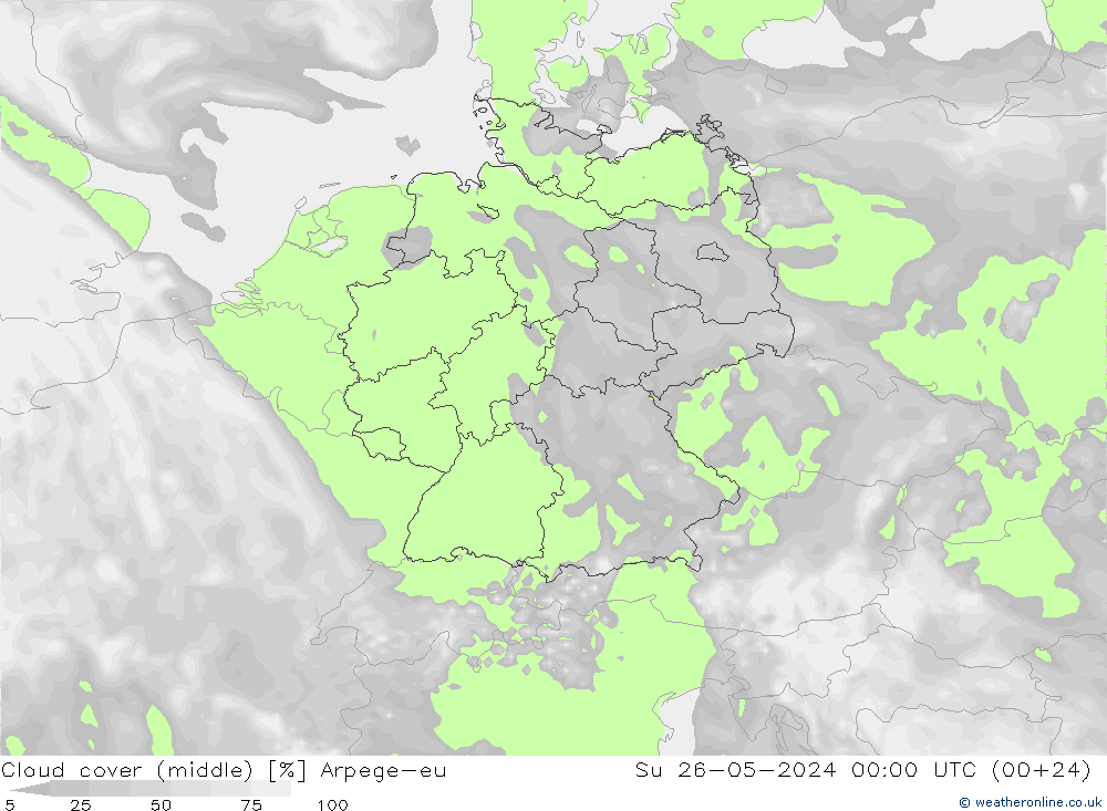 Cloud cover (middle) Arpege-eu Su 26.05.2024 00 UTC