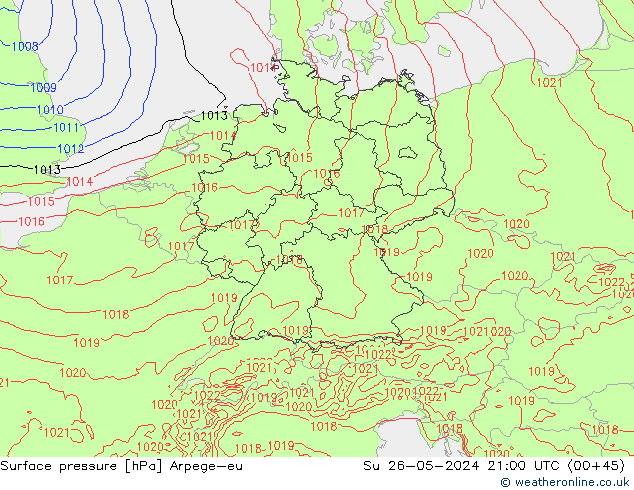 Pressione al suolo Arpege-eu dom 26.05.2024 21 UTC