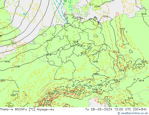 Theta-e 850hPa Arpege-eu Sa 28.05.2024 12 UTC