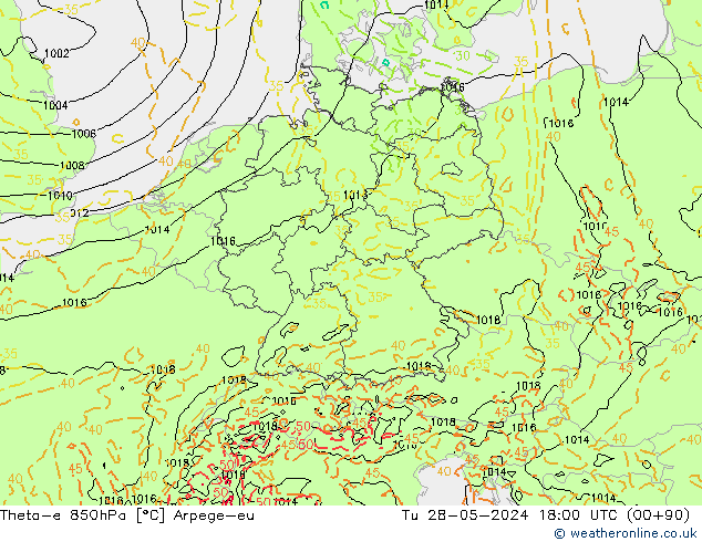 Theta-e 850гПа Arpege-eu вт 28.05.2024 18 UTC