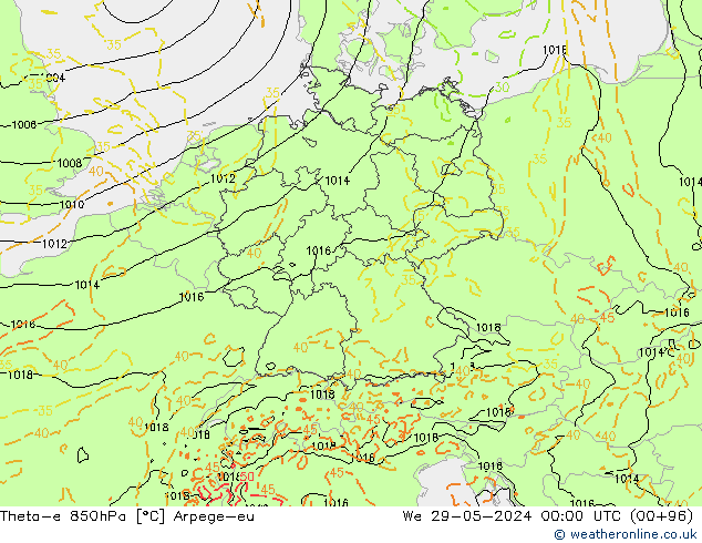 Theta-e 850hPa Arpege-eu Qua 29.05.2024 00 UTC