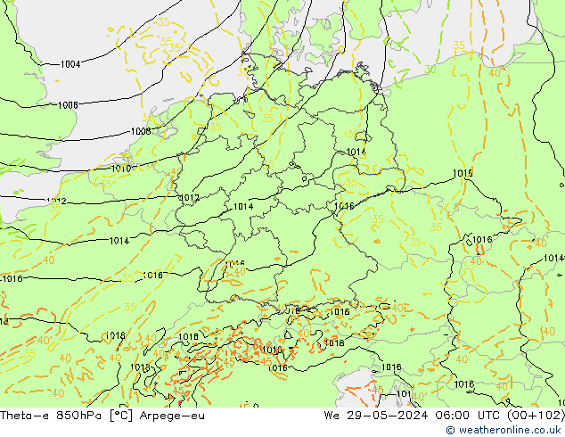 Theta-e 850hPa Arpege-eu We 29.05.2024 06 UTC