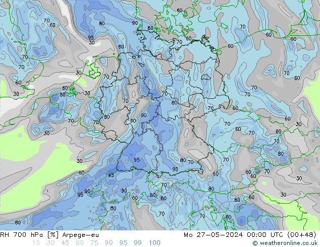 Humidité rel. 700 hPa Arpege-eu lun 27.05.2024 00 UTC