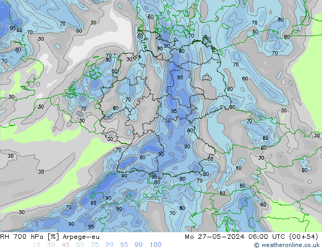 Humidité rel. 700 hPa Arpege-eu lun 27.05.2024 06 UTC