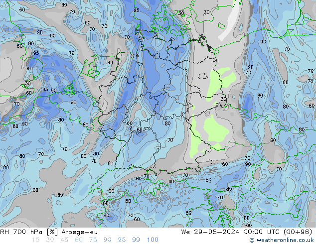 Humidité rel. 700 hPa Arpege-eu mer 29.05.2024 00 UTC