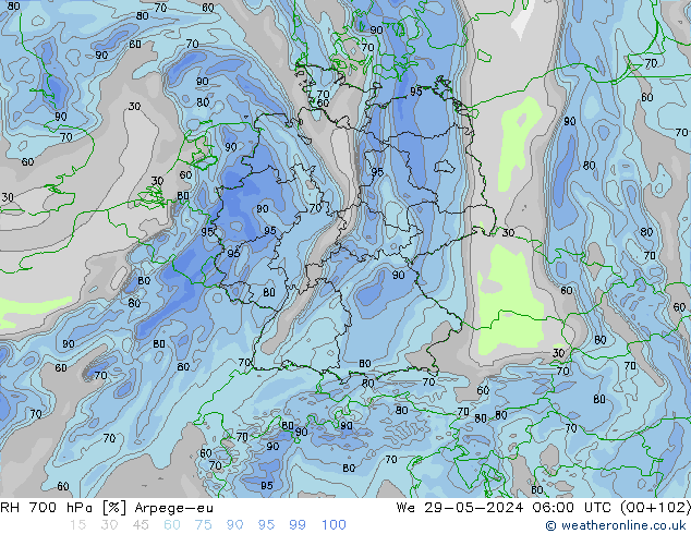 RH 700 hPa Arpege-eu Mi 29.05.2024 06 UTC