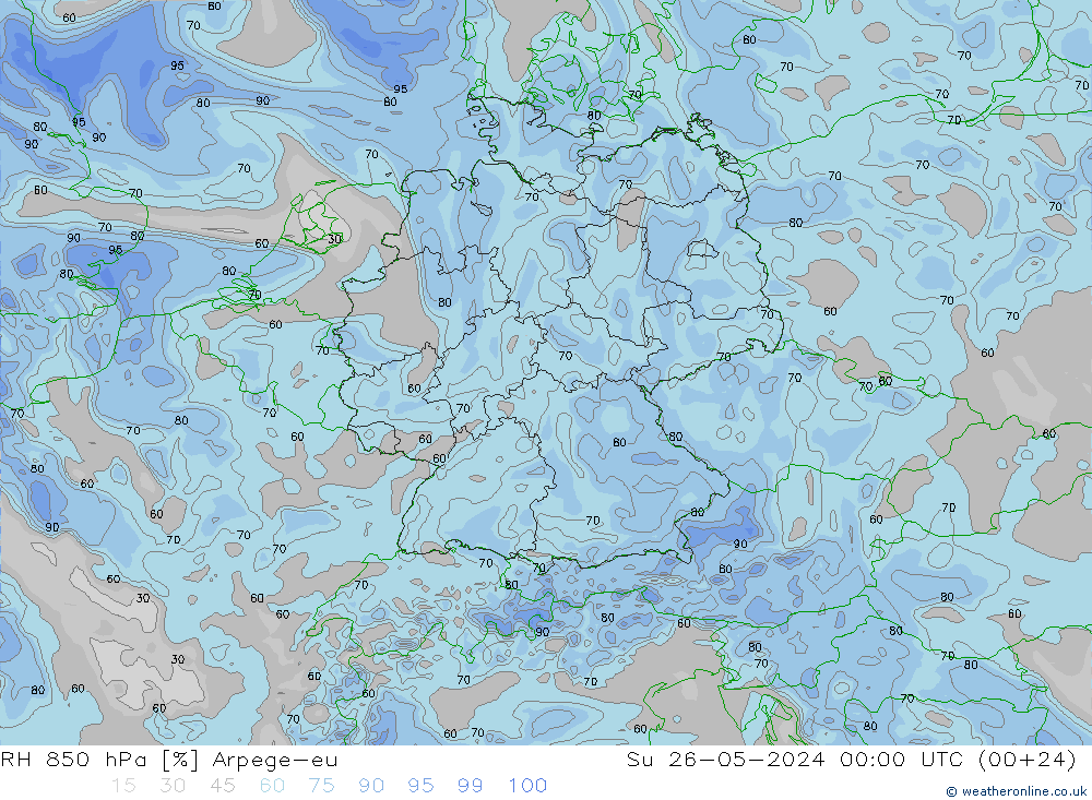 RH 850 гПа Arpege-eu Вс 26.05.2024 00 UTC