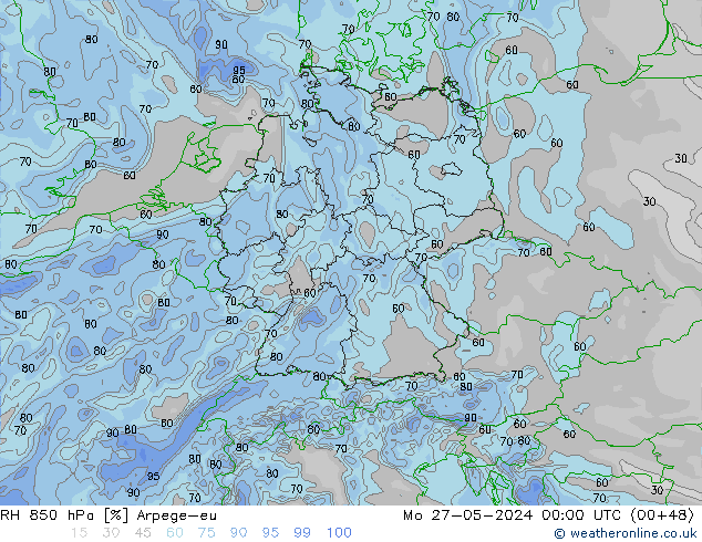 RH 850 hPa Arpege-eu Seg 27.05.2024 00 UTC