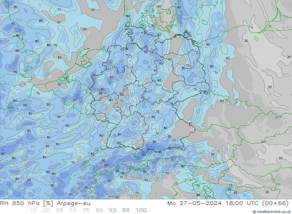 RH 850 hPa Arpege-eu Mo 27.05.2024 18 UTC