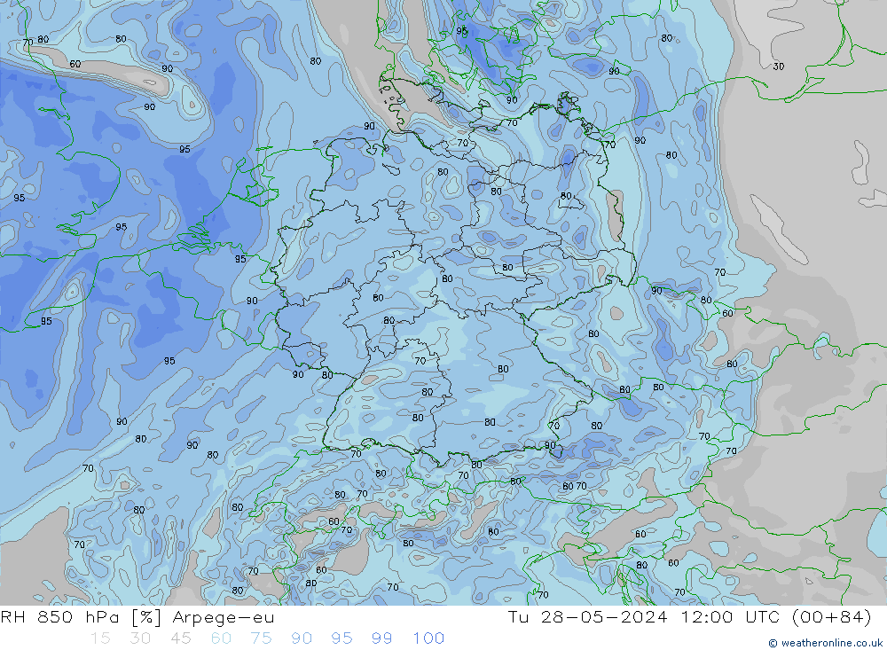 RH 850 hPa Arpege-eu Út 28.05.2024 12 UTC