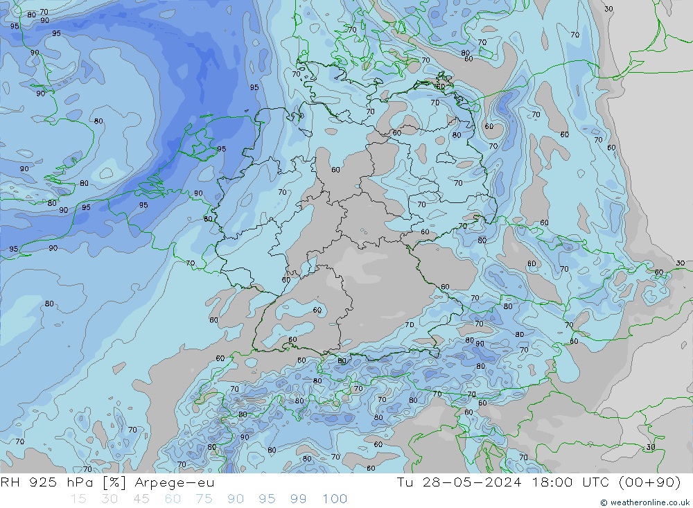 RH 925 hPa Arpege-eu Tu 28.05.2024 18 UTC