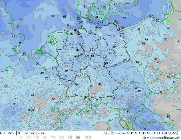 Humidité rel. 2m Arpege-eu dim 26.05.2024 09 UTC