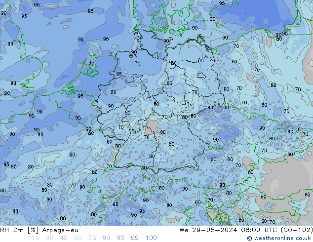 Humidité rel. 2m Arpege-eu mer 29.05.2024 06 UTC