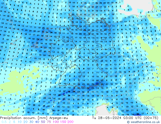 Precipitation accum. Arpege-eu Tu 28.05.2024 03 UTC