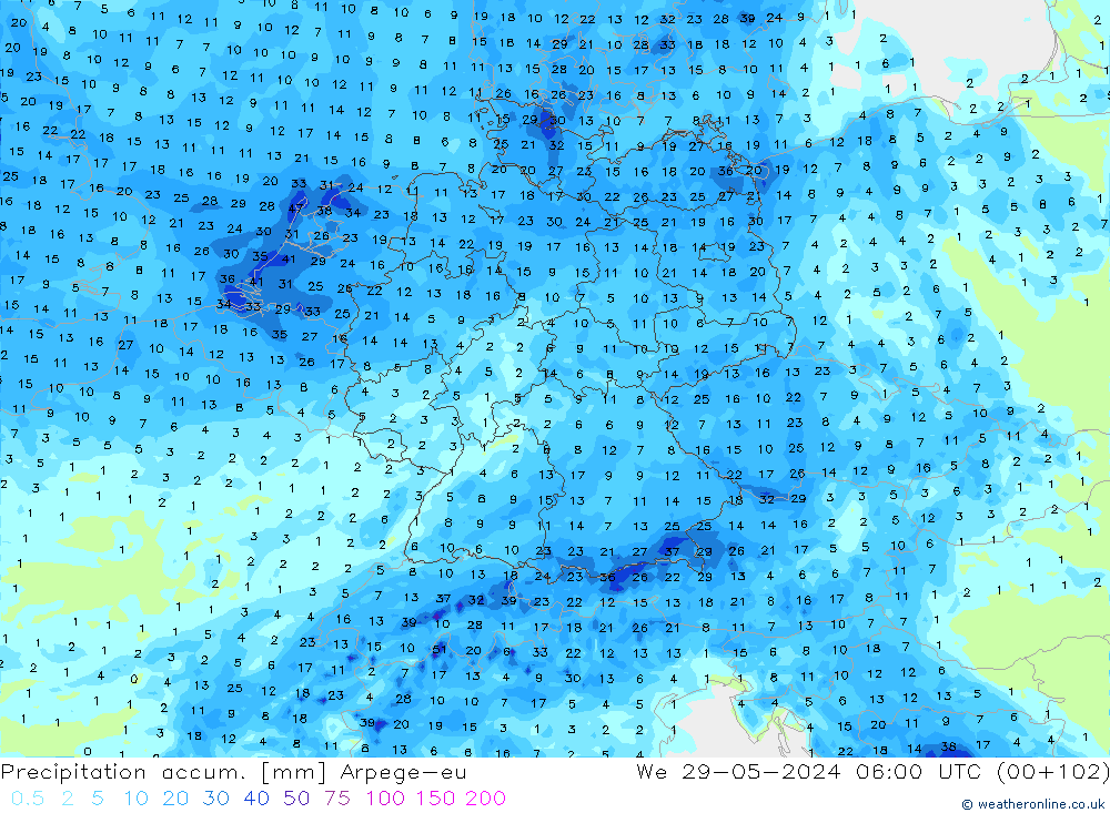 Totale neerslag Arpege-eu wo 29.05.2024 06 UTC