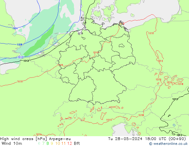 High wind areas Arpege-eu Tu 28.05.2024 18 UTC