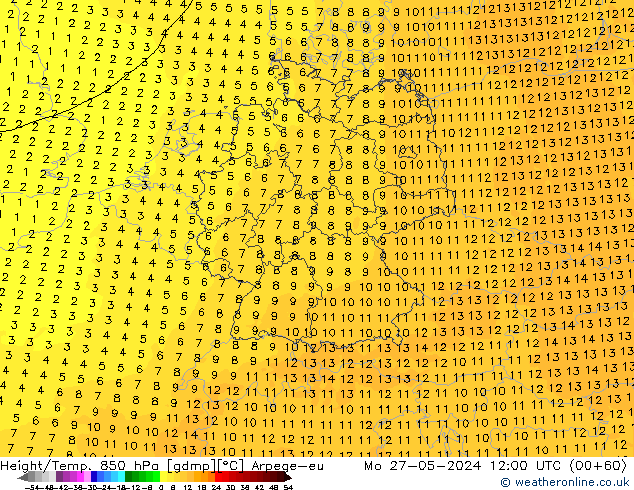 Height/Temp. 850 hPa Arpege-eu pon. 27.05.2024 12 UTC