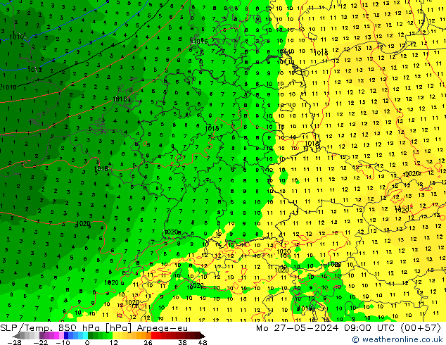 SLP/Temp. 850 hPa Arpege-eu Mo 27.05.2024 09 UTC