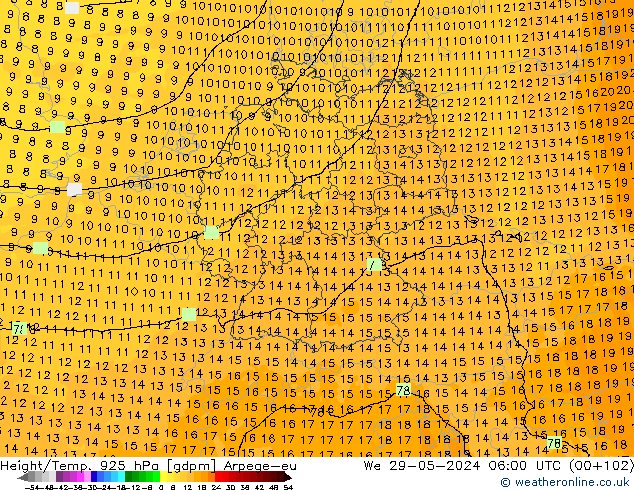 Yükseklik/Sıc. 925 hPa Arpege-eu Çar 29.05.2024 06 UTC