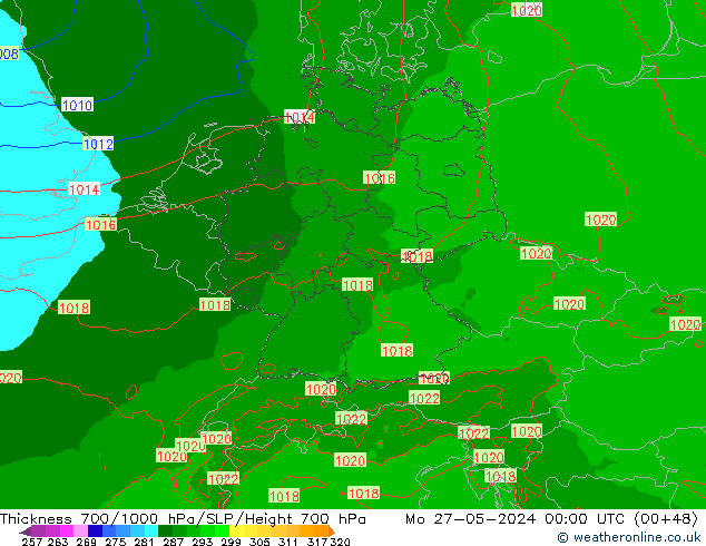 Thck 700-1000 hPa Arpege-eu Po 27.05.2024 00 UTC