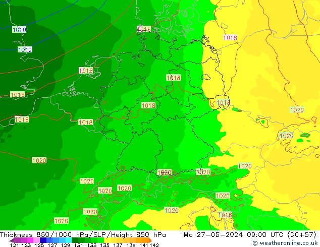 Espesor 850-1000 hPa Arpege-eu lun 27.05.2024 09 UTC