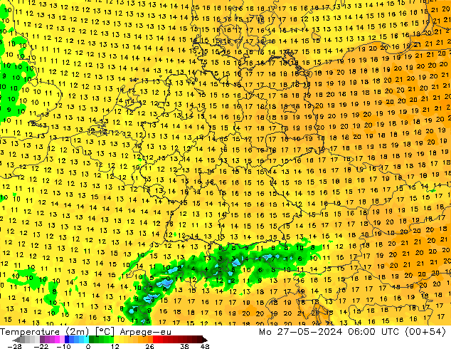 mapa temperatury (2m) Arpege-eu pon. 27.05.2024 06 UTC