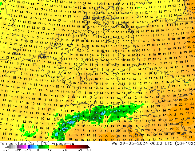 Temperatura (2m) Arpege-eu mié 29.05.2024 06 UTC