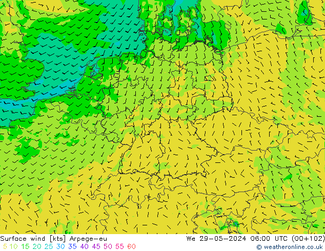 Surface wind Arpege-eu We 29.05.2024 06 UTC