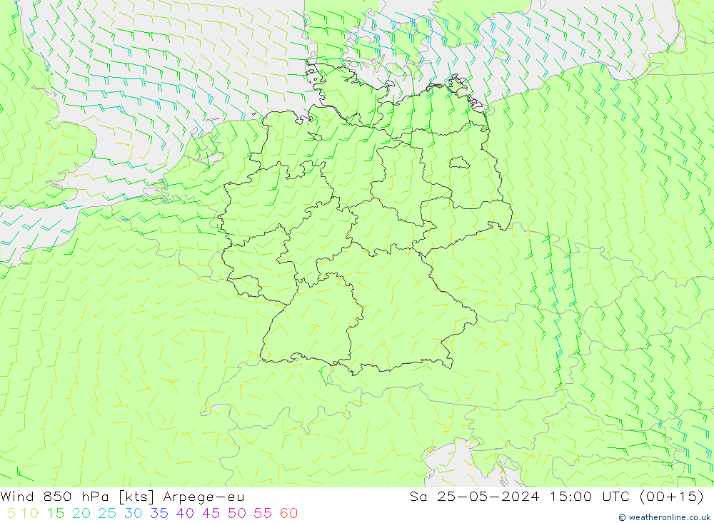 wiatr 850 hPa Arpege-eu so. 25.05.2024 15 UTC