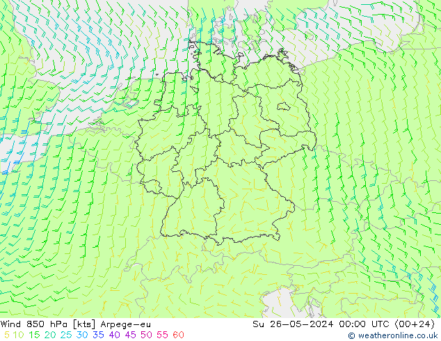 Vento 850 hPa Arpege-eu dom 26.05.2024 00 UTC