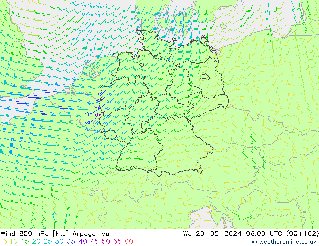 Wind 850 hPa Arpege-eu wo 29.05.2024 06 UTC