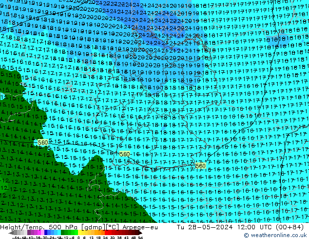 Height/Temp. 500 hPa Arpege-eu Tu 28.05.2024 12 UTC