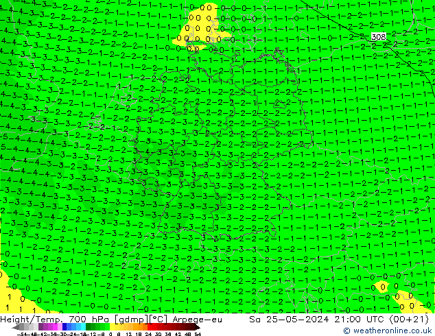 Height/Temp. 700 hPa Arpege-eu Sa 25.05.2024 21 UTC