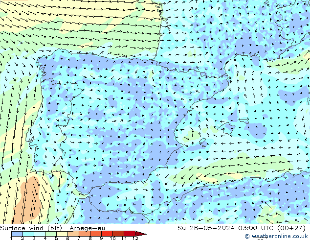 Surface wind (bft) Arpege-eu Su 26.05.2024 03 UTC