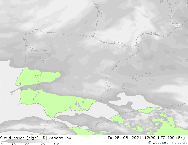 Cloud cover (high) Arpege-eu Tu 28.05.2024 12 UTC